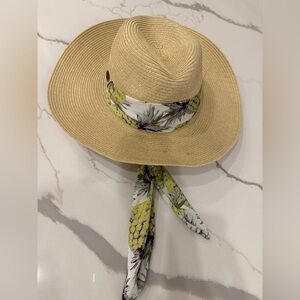 Caribbean Joe Natural Straw Hat with Yellow-Green Pineapple Scarf